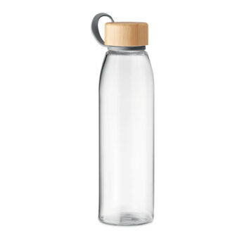 Glasflasche mit Verschluss aus Bambus und Schlaufe aus TPU - bedruckbar