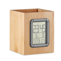 Stiftehalter aus Bambus mit digitaler Zeit-, Alarm-, Kalender- und Temperaturanzeige - bedruckbar