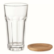 Schlichtes Trinkglas mit Bambusdeckel als Werbepräsent