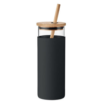 Trinkglas aus Borosilikatglas mit Silikonschutzhülle, Deckel und Trinkhalm aus Bambus - bedruckbar