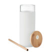 Trinkglas aus Borosilikatglas mit Silikonschutzhülle, Deckel und Trinkhalm aus Bambus - bedruckbar