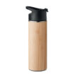 Doppelwandige Isolierflasche aus Edelstahl mit einer Abdeckung aus Bambus und einem griffigen Deckel aus PP 450 ml - bedruckbar