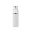 Trinkflasche aus recyceltem Glas mit Neopren-Schutzhülle und PP-Deckel mit Silikon-Schlaufe - bedruckbar