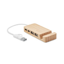 4 Ports USB-C/A-Hub | Gehäuse aus Bambus | 20 cm Kabellänge | Handyhalter - bedruckbar