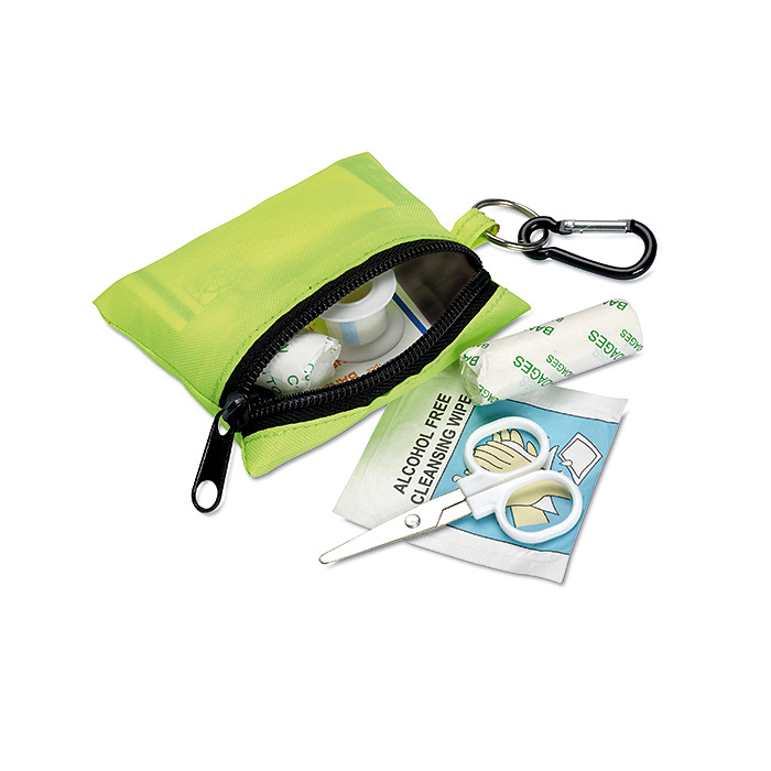 Erste-Hilfe-Set grün in kleine Tasche mit Karabiner bedruckbar